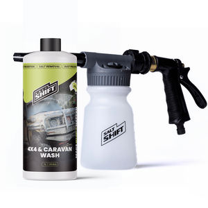 Salt Shift 4x4 and caravan wash bottle with a spray gun on a white background