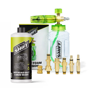 Car wash kit with bottles, nozzles, and packaging on a white background