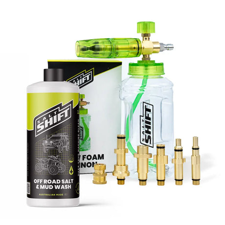 Car wash kit with bottles, nozzles, and packaging on a white background