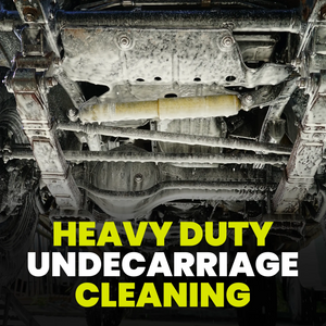Heavy-duty undecarriage cleaning service advertisement with mechanical components.