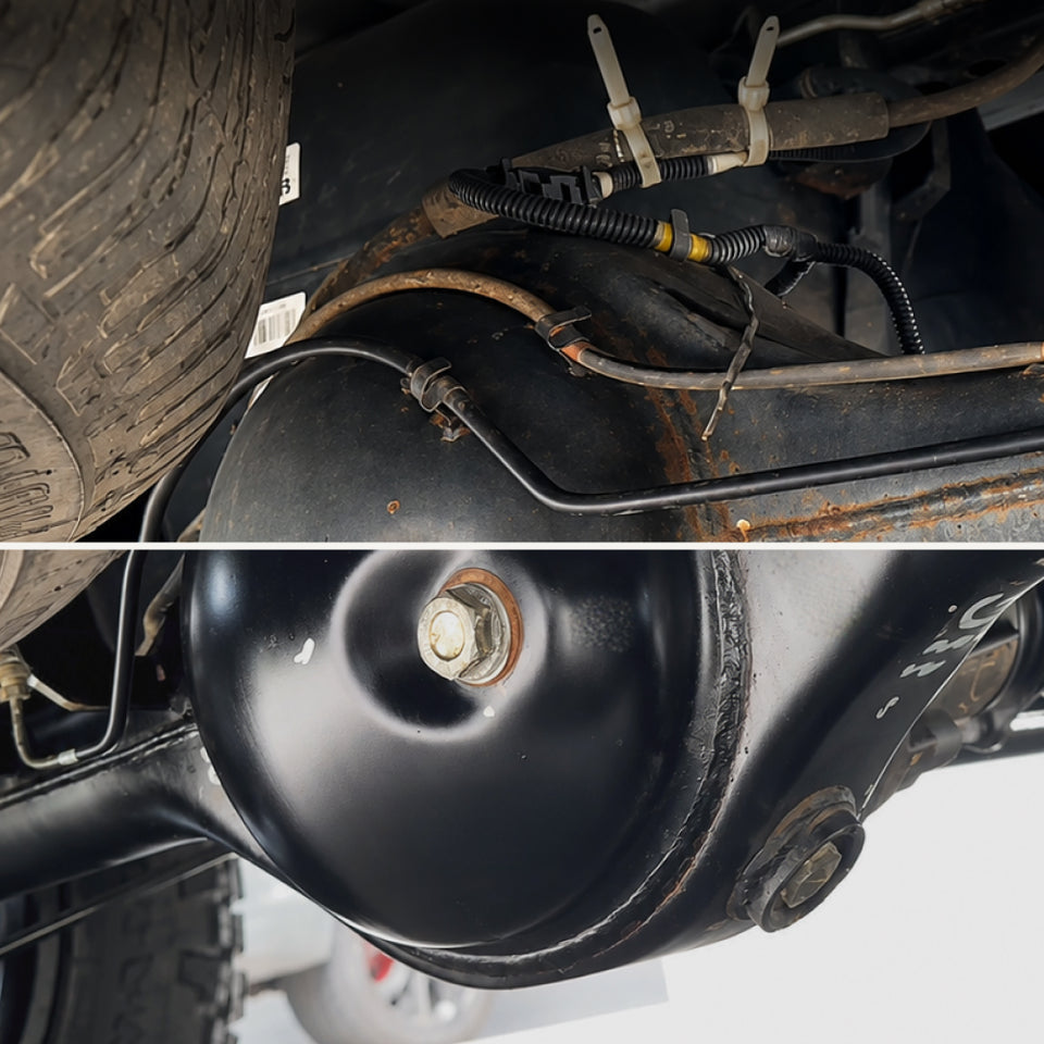 Close-up of a black metal automotive component, likely a suspension or chassis part, shown in a split view with the top half showing surrounding vehicle parts and the bottom half showing the underside of the black housing.