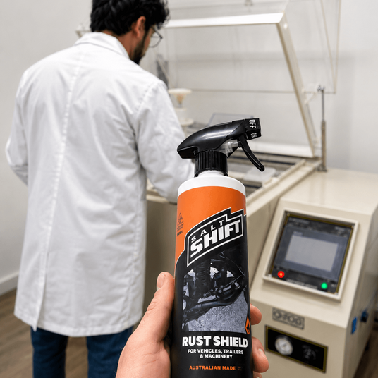 A hand holds a bottle of Rust Shield by Fast Shift rust inhibitor spray in the foreground, while a man in a white lab coat works in the background inside a testing facility.