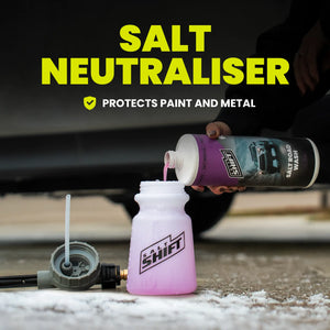 Person pouring salt neutralizer into a container with text highlighting its protective properties.