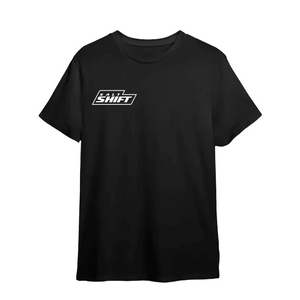 Black t-shirt with a logo on the chest against a white background