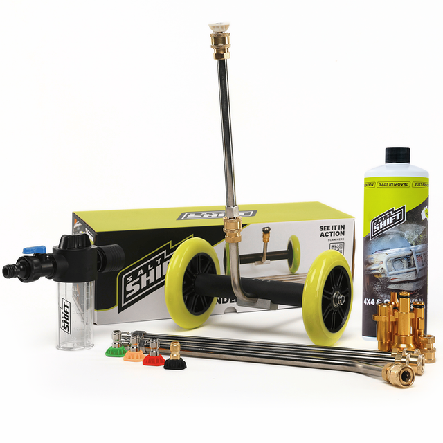 Car wash system with wheels, hoses, and a bottle on a white background