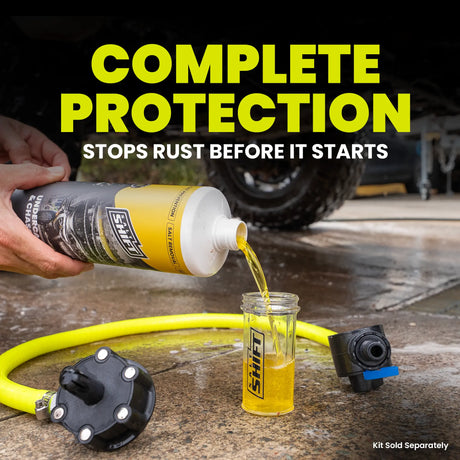 Person pouring yellow liquid from a bottle labeled 'SHIFT' into a small container on a concrete surface with text about rust protection.