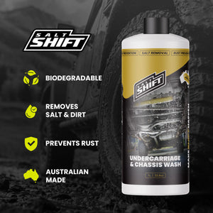 Salt Shift undercarriage and chassis wash bottle with features on a dark background
