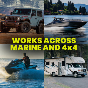 Collage of vehicles including a Jeep, boat, jet ski, and RV with text 'Works Across Marine and 4x4'.