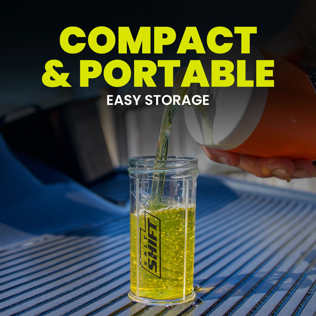 Glass container being filled with a yellow liquid, labeled 'SHIFT', with text 'Compact & Portable' and 'Easy Storage' on a dark background.