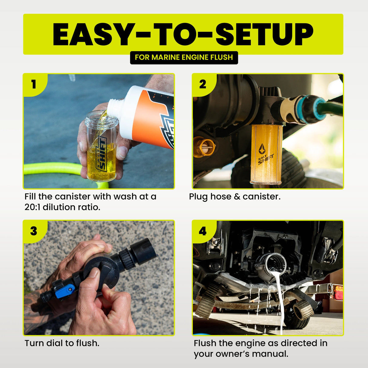 Step-by-step guide for marine engine flush with text and images.