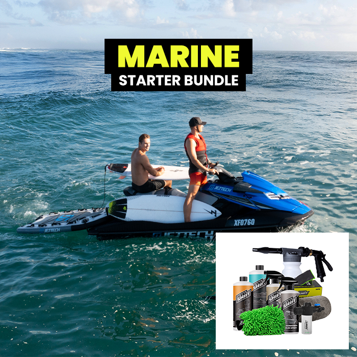 Two people on a jet ski in the ocean with a 'Marine Starter Bundle' text overlay.
