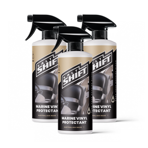 Three bottles of Salt Shift Marine Vinyl Protectant on a white background